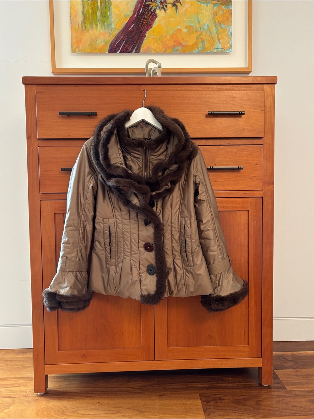 Violanti Taupe Women's Puffer Coat with Faux Fur Trim